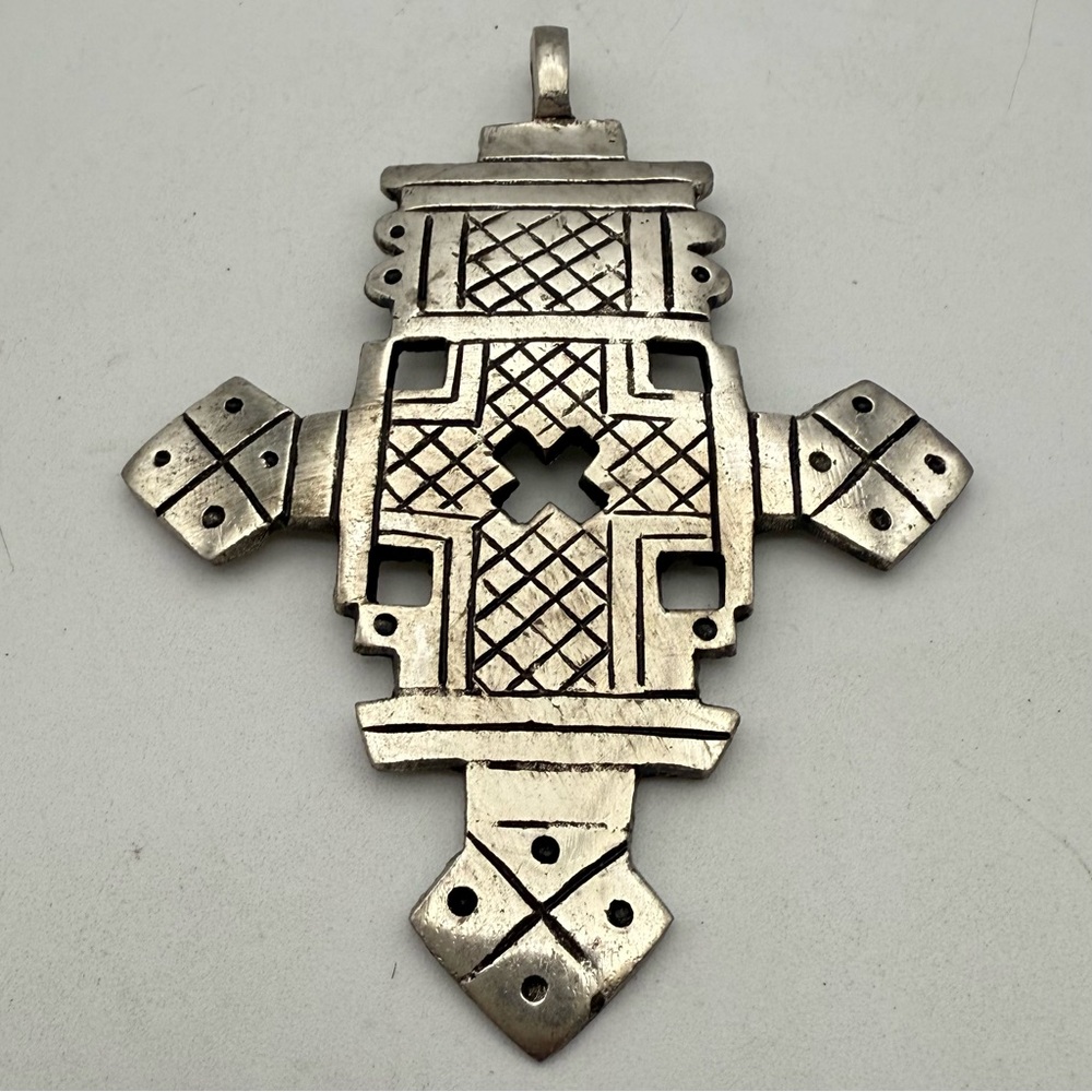 Silver Ethiopian Coptic Cross Pendant 110x85” African Large Hole Handmade